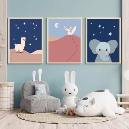 Set of 3 Framed Kids’ Animals : Llama, Fennec & Elephant