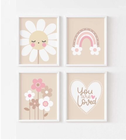 Neutral Daisy Kids’ Wall Art Set – ‘You Are Loved’ Quote with Pastel Flowers, Rainbow & Hearts