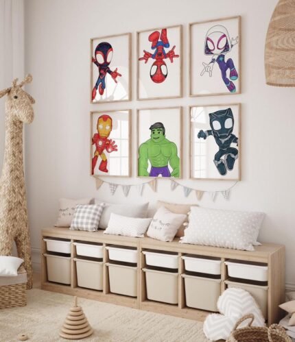 Set of 6 Framed Marvel ‘Spidey and His Amazing Friends’ Wall Posters – Kids’ Superhero Art